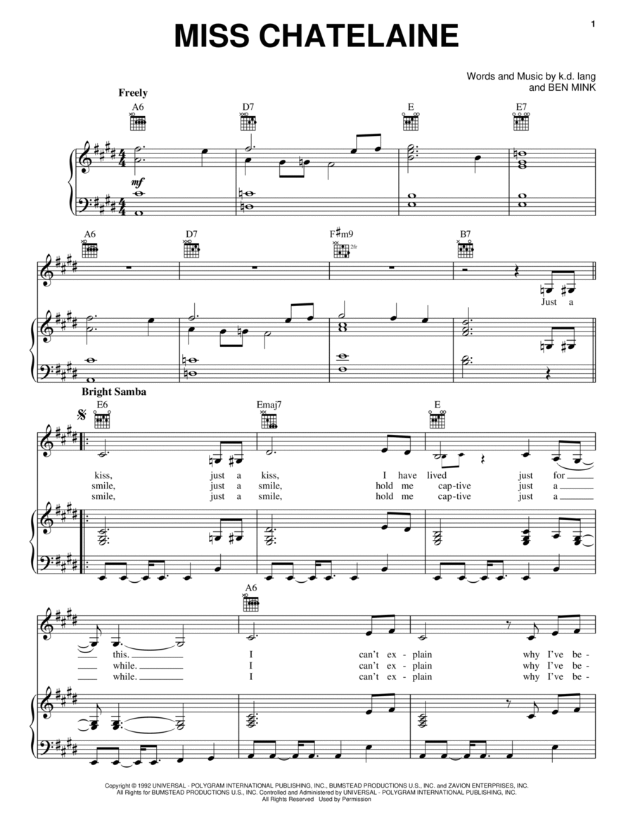 Miss Chatelaine by k.d. lang - Piano, Vocal, Guitar - Digital Sheet ...