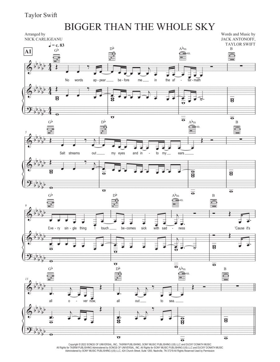 Bigger Than The Whole Sky by Taylor Swift Piano, Vocal, Guitar Digital Sheet Music Sheet