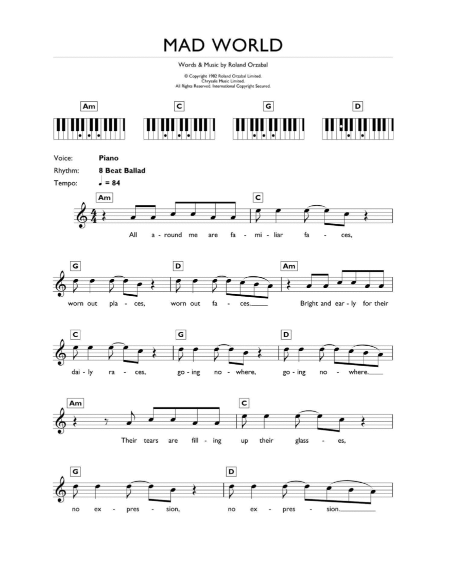 Gary Jules: Mad World sheet music for voice, piano or guitar v2