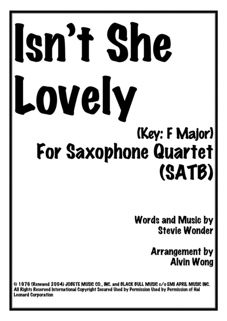 Isn't She Lovely? - Bb Tenor Saxophone Sheet Music, Stevie Wonder