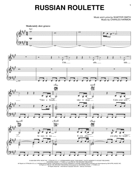 Rihanna Russian Roulette Sheet Music in F# Minor (transposable) -  Download & Print - SKU: MN0080535