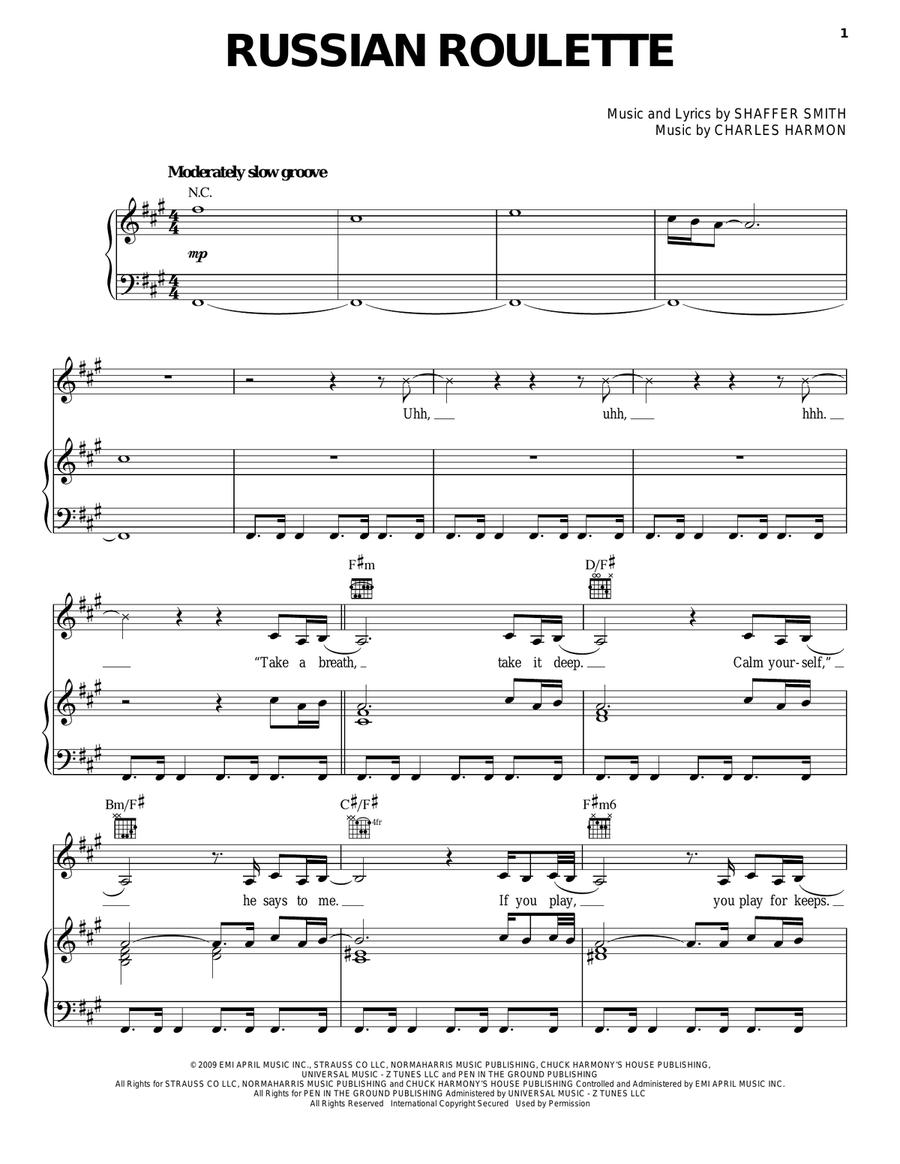 Rihanna Russian Roulette Sheet Music in F# Minor (transposable) -  Download & Print - SKU: MN0081623