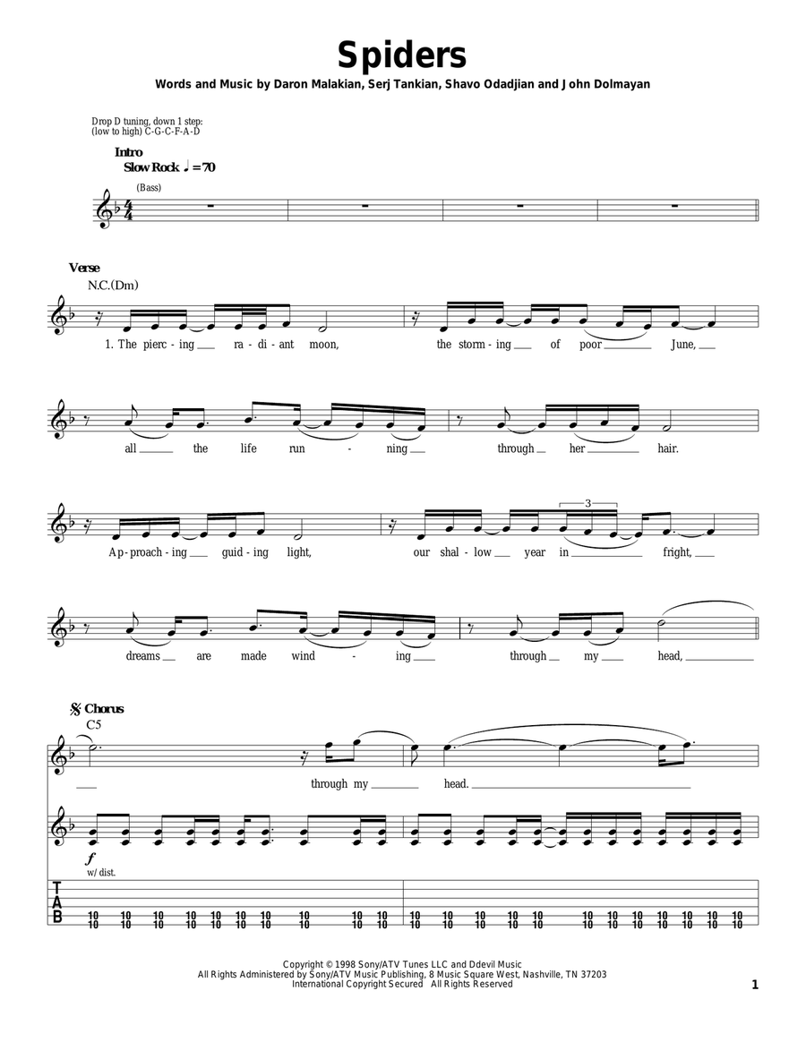 Spiders" Sheet Music by System Of A Down for Guitar Tab - Sheet Music  Now