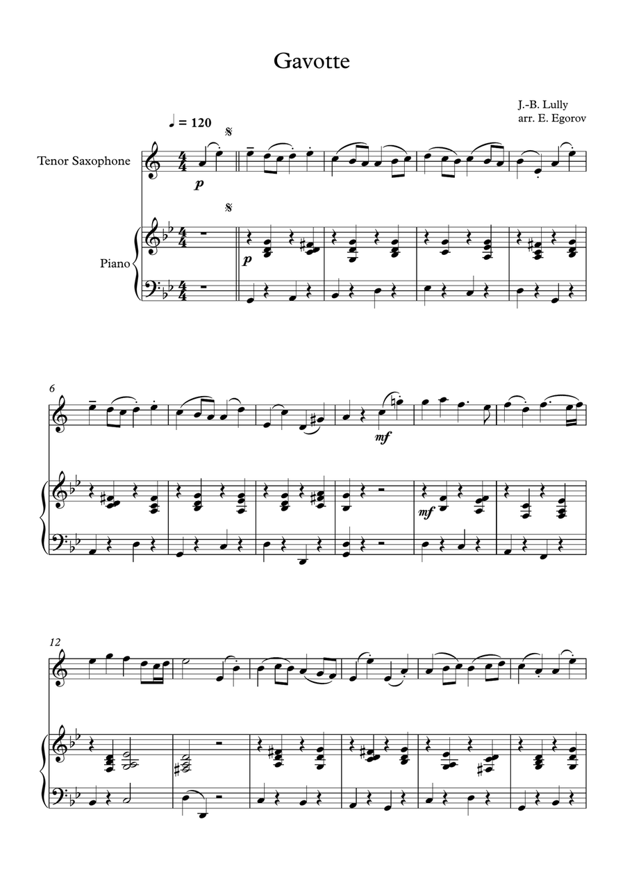 Gavotte Jean Baptiste Lully For Tenor Saxophone Piano by Jean