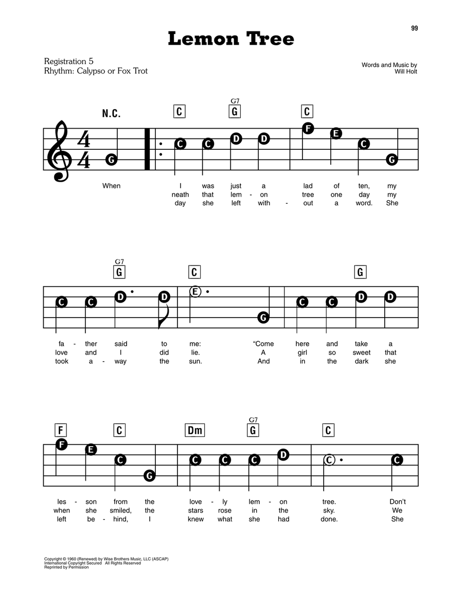 Lemon Tree by Peter Paul and Mary Electronic Keyboard Digital Sheet