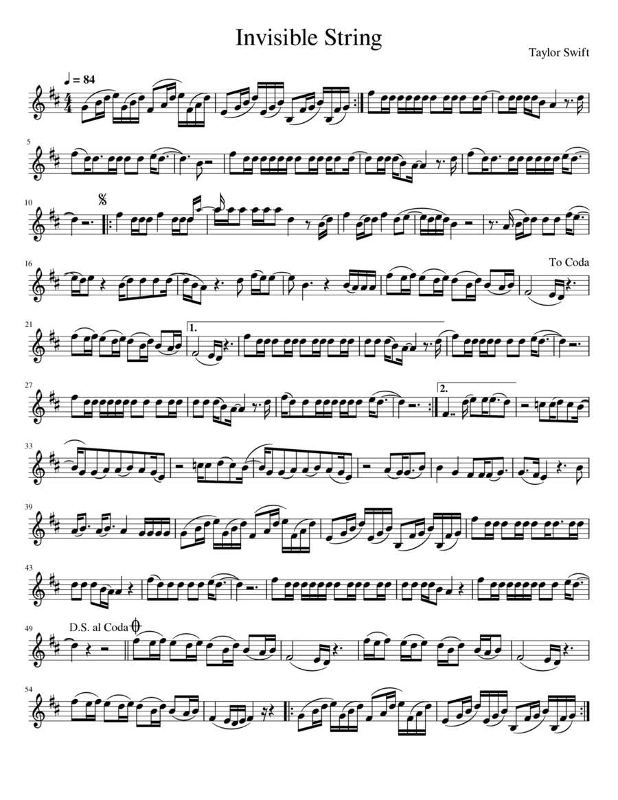 Invisible String by Taylor Swift - Violin Solo - Digital Sheet Music