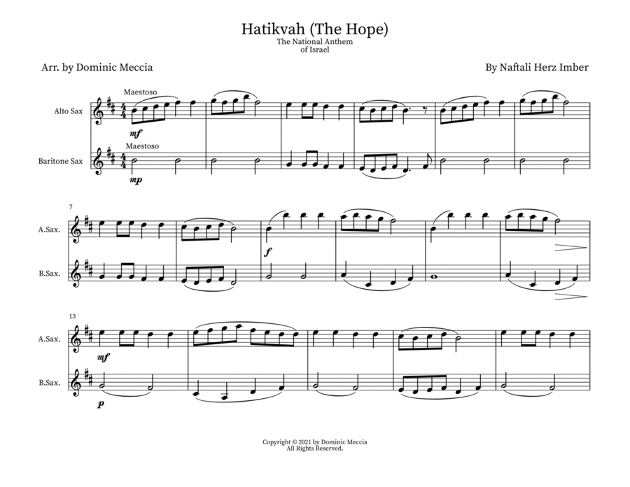 Hatikvah (The Hope) The National Anthem of Israel Alto Sax and Bari