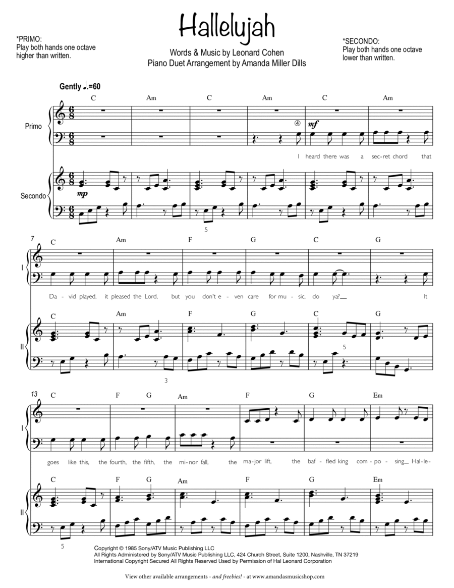 Hallelujah by Leonard Cohen Easy Piano Digital Sheet Music
