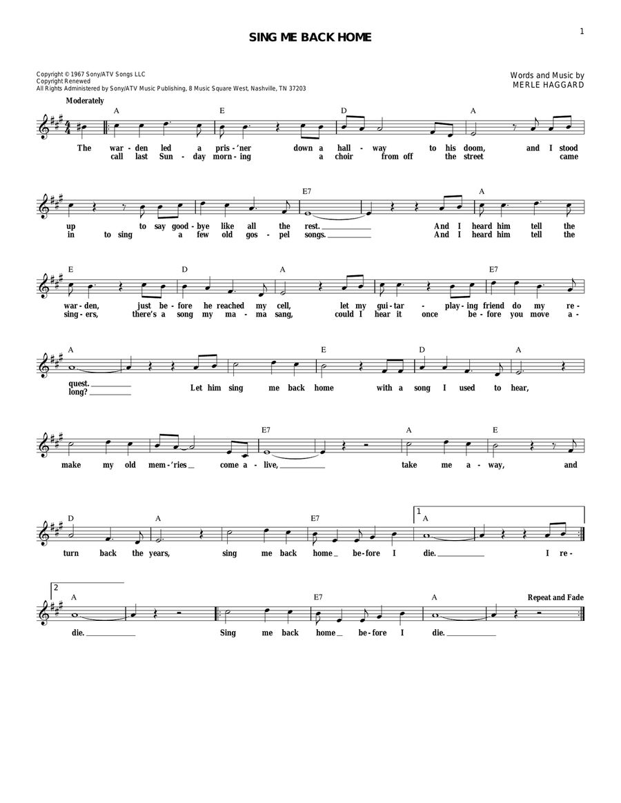 Sing Me Back Home by Merle Haggard Piano Digital Sheet Music