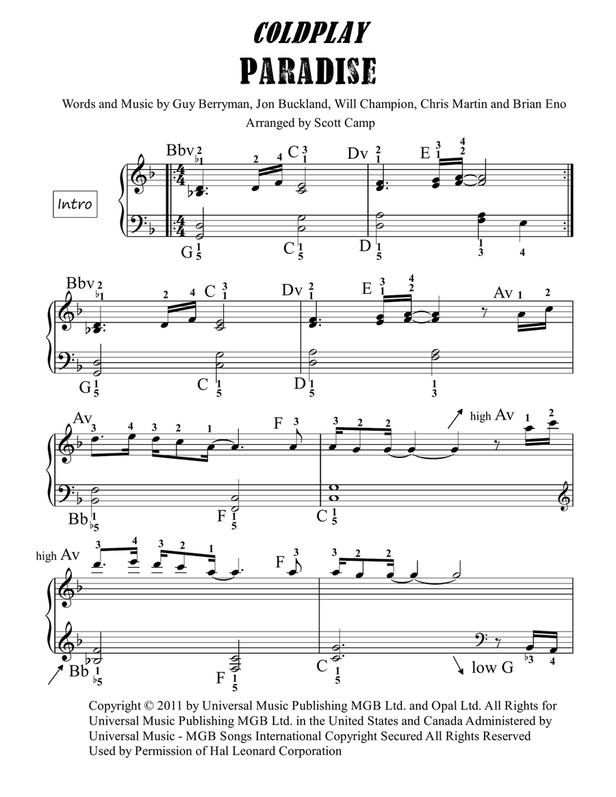 Paradise' Coldplay Piano Arrangement Sheet music for Piano (Solo