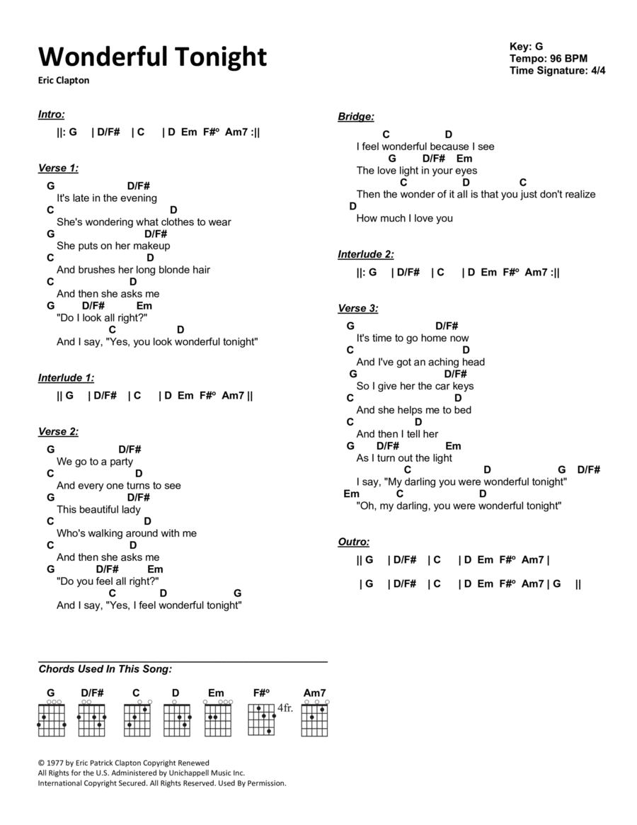 Wonderful Tonight Sheet Music | Eric Clapton | Guitar Chords/Lyrics