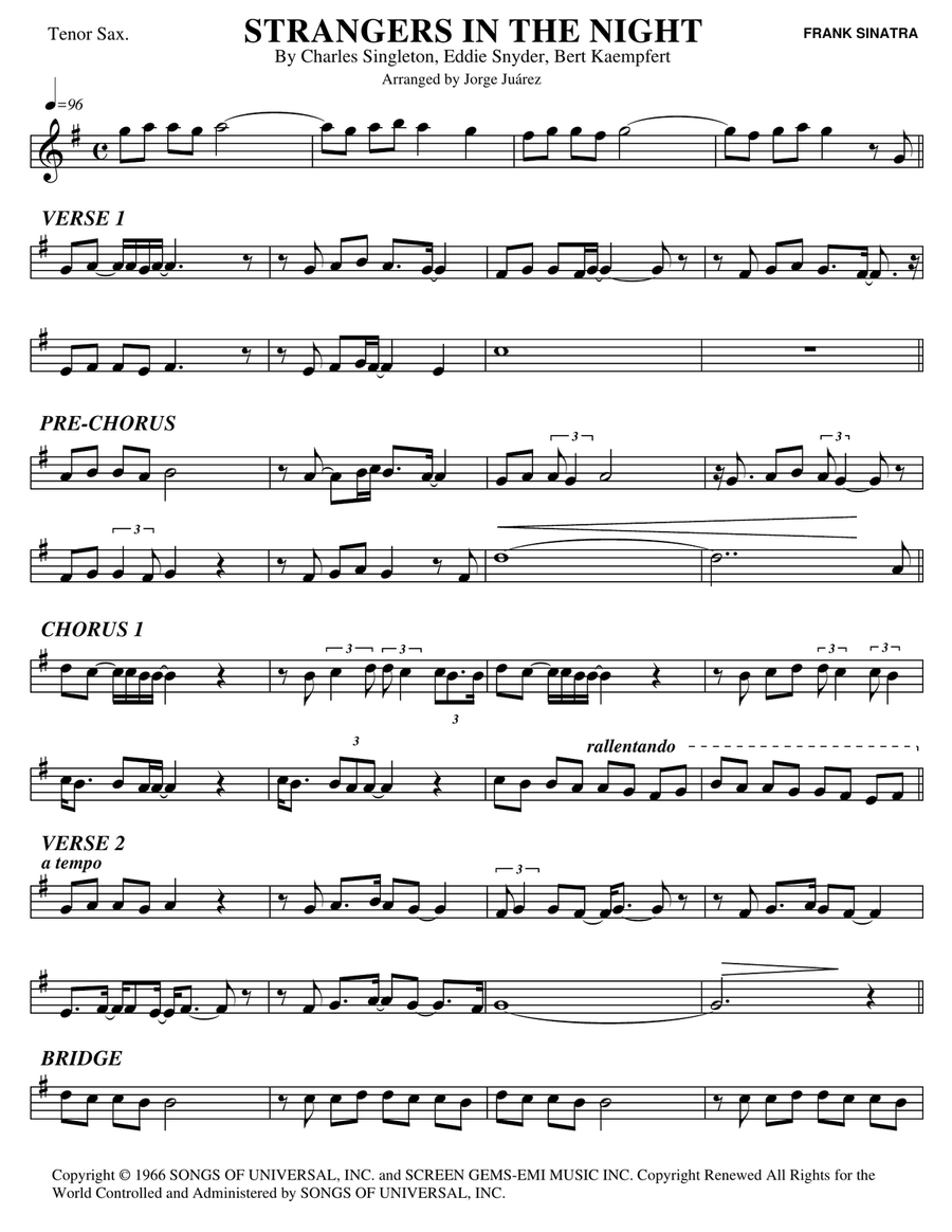 Strangers In The Night by Frank Sinatra - Tenor Saxophone - Digital Sheet  Music