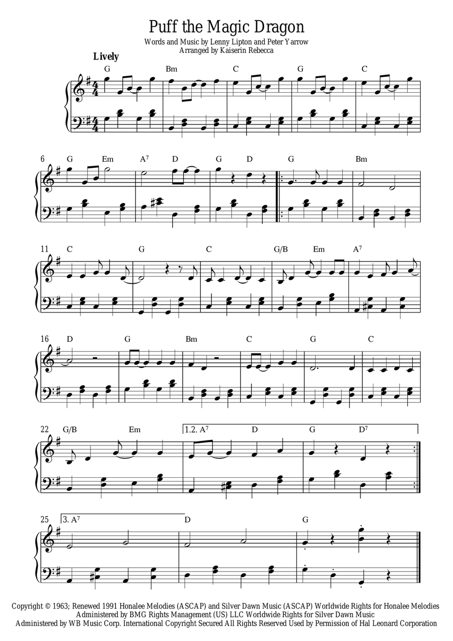 Puff The Magic Dragon sheet music for piano or keyboard (E-Z Play)