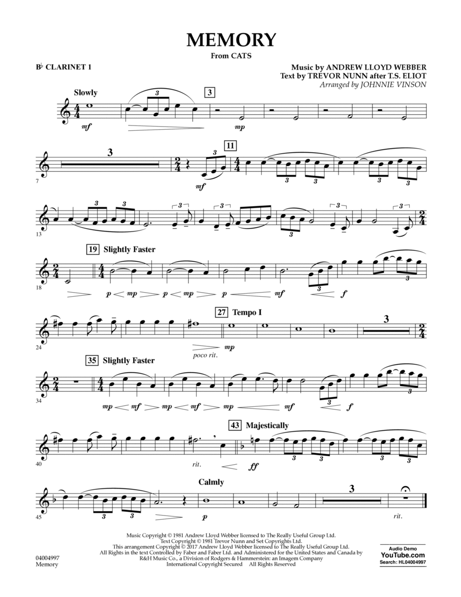 Memory (from Cats) (arr. Johnnie Vinson) Bb 1 by Andrew Lloyd ber BFlat