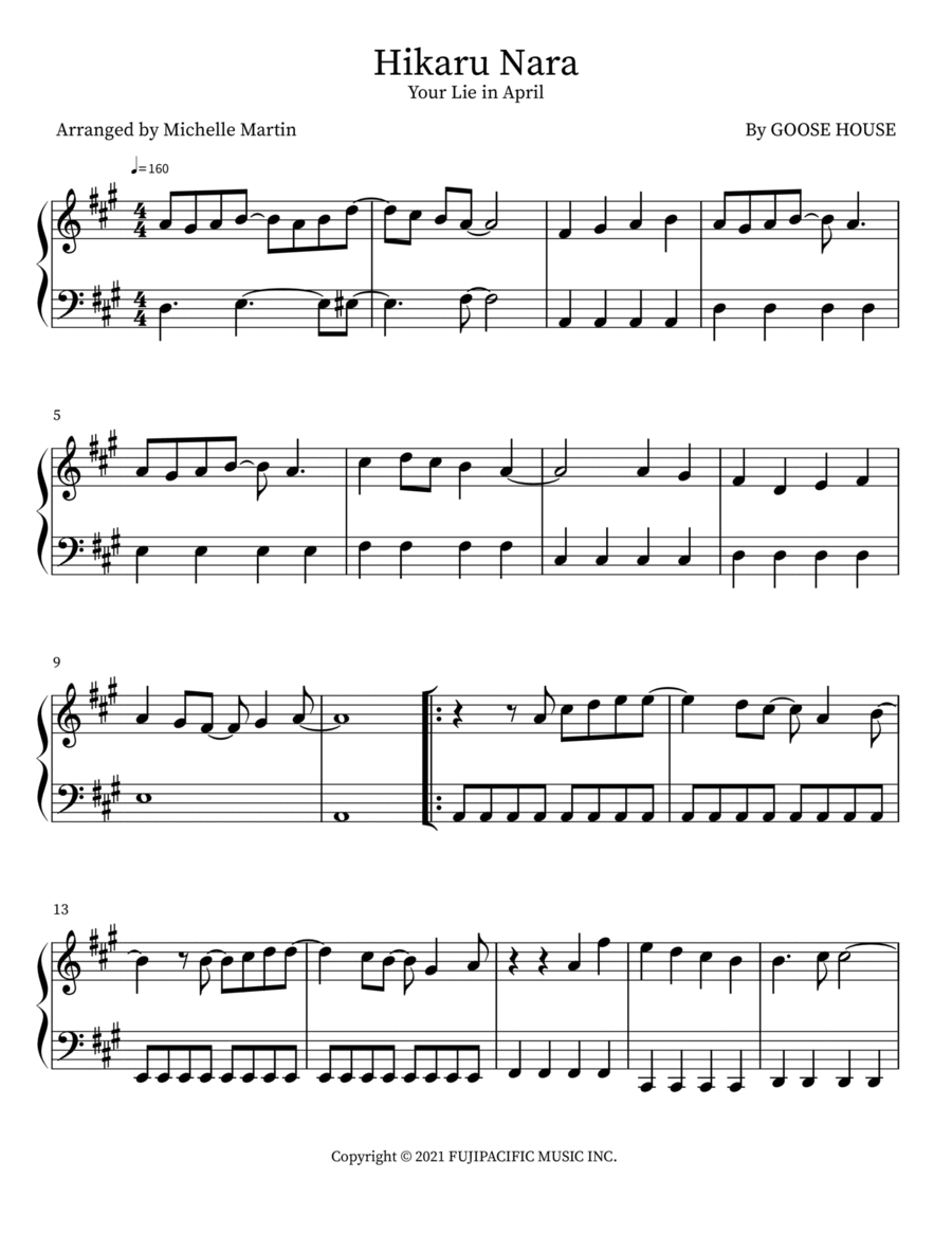 Hikaru Nara Sheet Music by Goose House for Piano/Keyboard