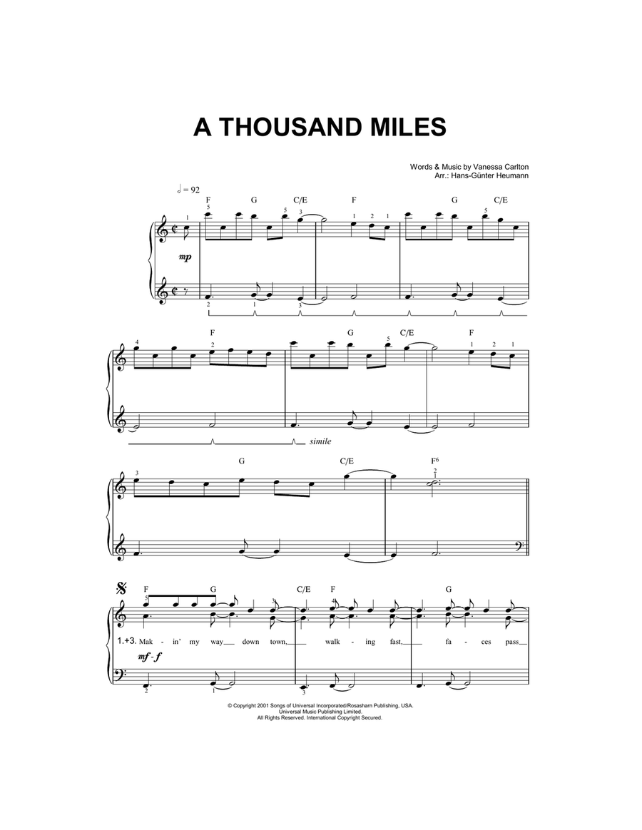 A Thousand Miles by Vanessa Carlton Easy Piano Digital Sheet