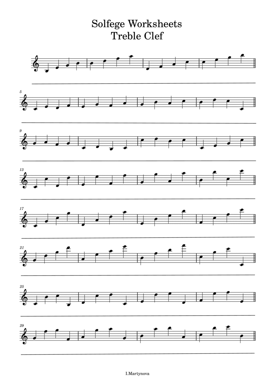Solfege Worksheets Treble and Bass Clefs - A Cappella - Digital Sheet Music
