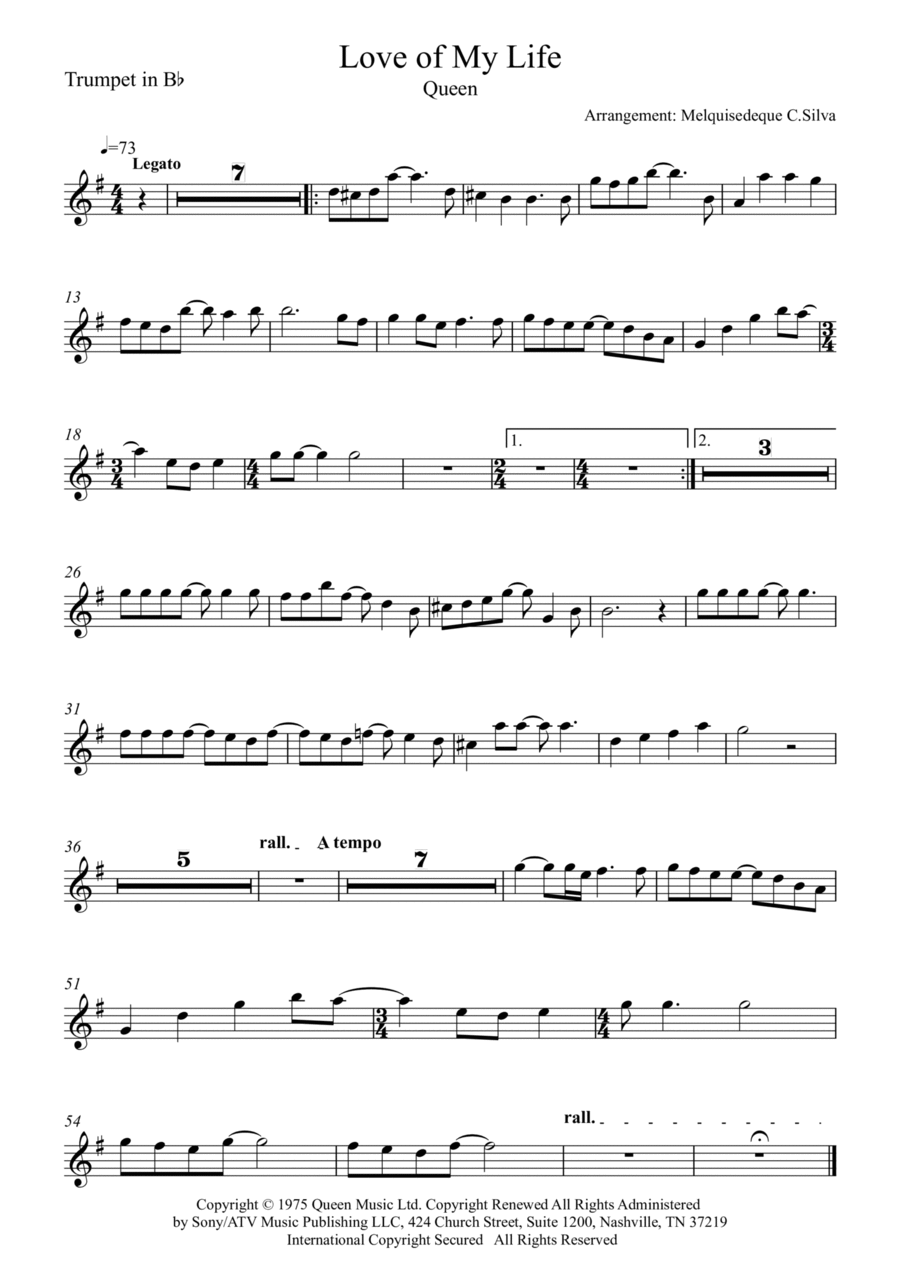 Love Of My Life by Queen - Trumpet Solo - Digital Sheet Music