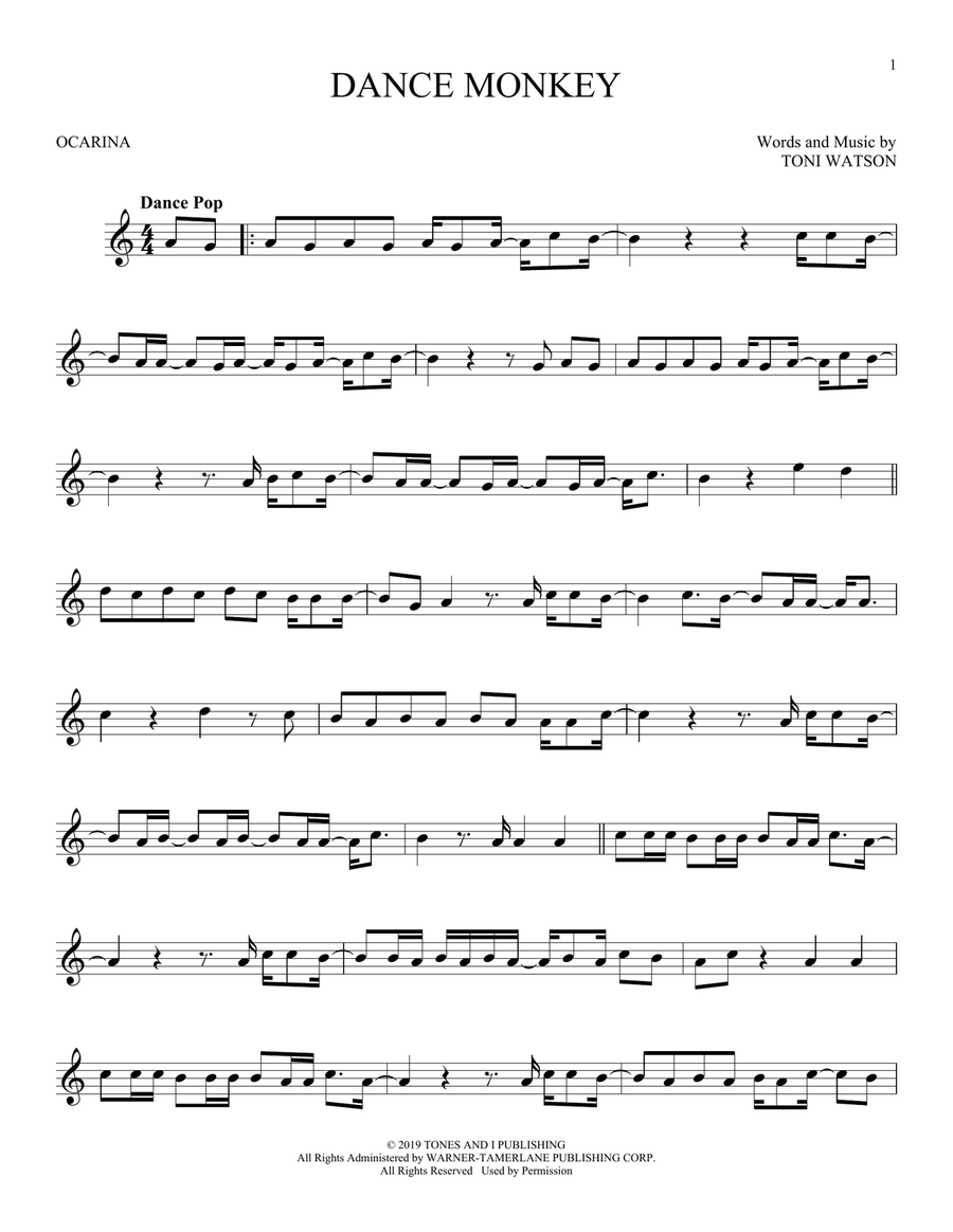 Dance Monkey by Tones And I - ocarina - Digital Sheet Music | Sheet ...