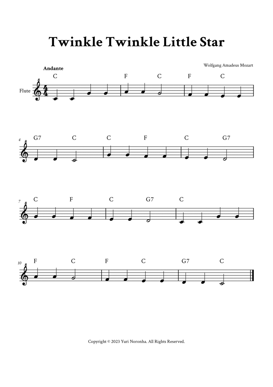 Twinkle Twinkle Little Star - Easy Flute (C Major) by Wolfgang Amadeus  Mozart - Flute Solo - Digital Sheet Music