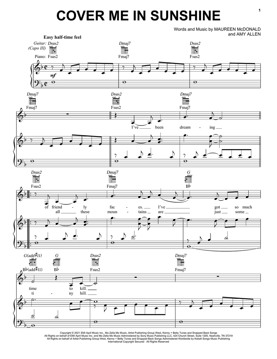 Cover Me In Sunshine Piano, Vocal, Guitar Digital Sheet Music