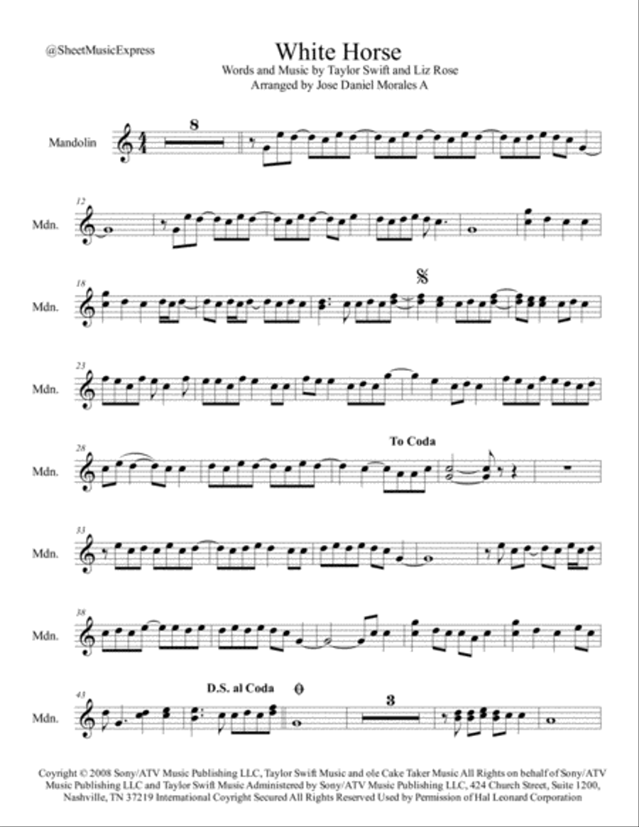 White Horse by Taylor Swift Mandolin Digital Sheet Music