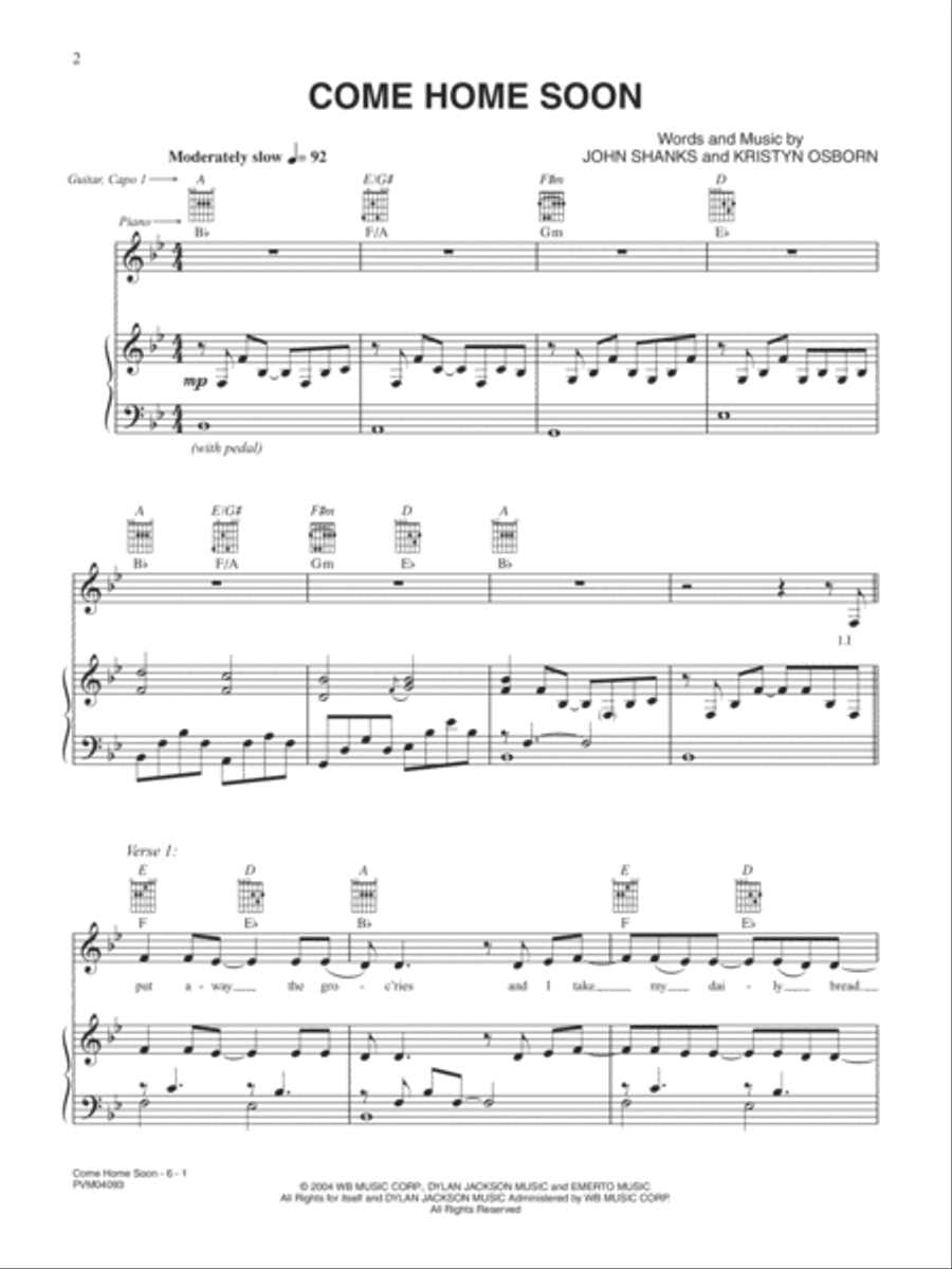 SHeDAISY Come Home Soon Sheet Music in Bb Major - Download & Print - SKU:  MN0048808