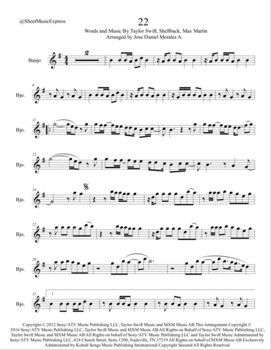 22 by Taylor Swift Banjo Digital Sheet Music Sheet Music Plus