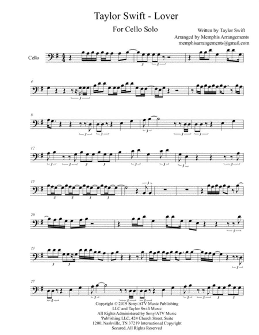 Taylor Swift Glitch - Bass Clef Instrument Sheet Music (Cello