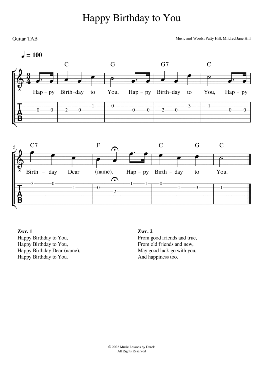 Happy Birthday to You (GUITAR TAB) [Patty Hill, Mildred Jane Hill] Guitar Tablature Digital