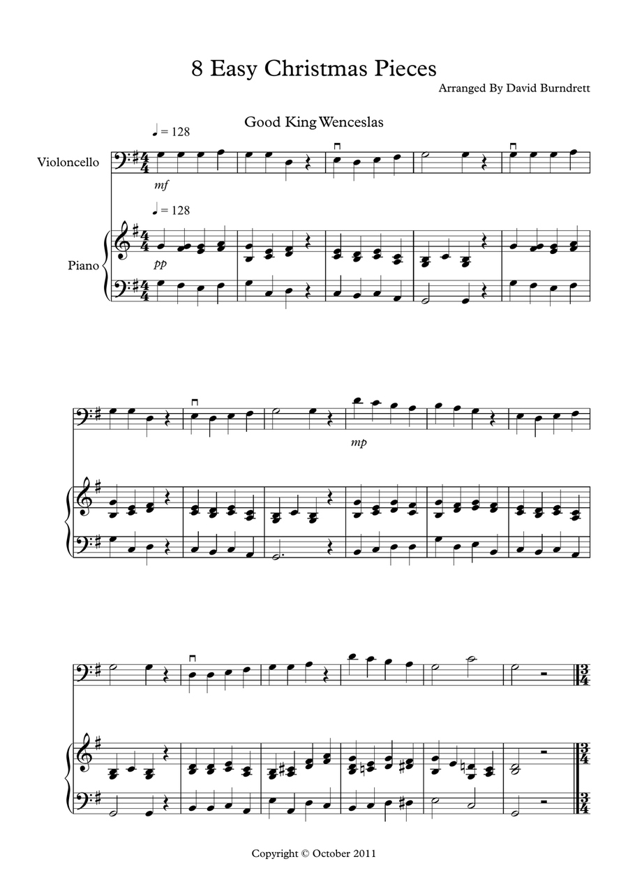 8 Easy Christmas Pieces for Cello And Piano by David Burndrett - Piano