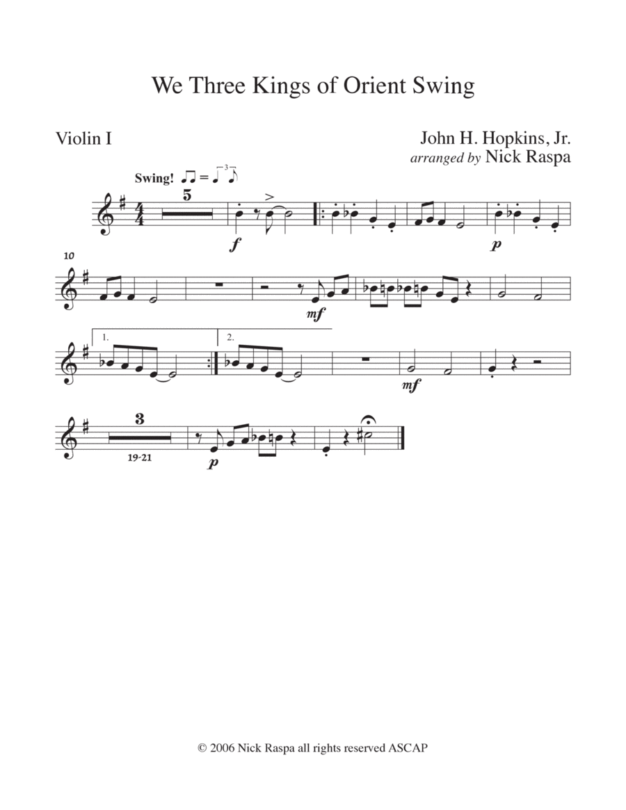 We Three Kings of Orient Swing (String Orchestra) Violin I part by John