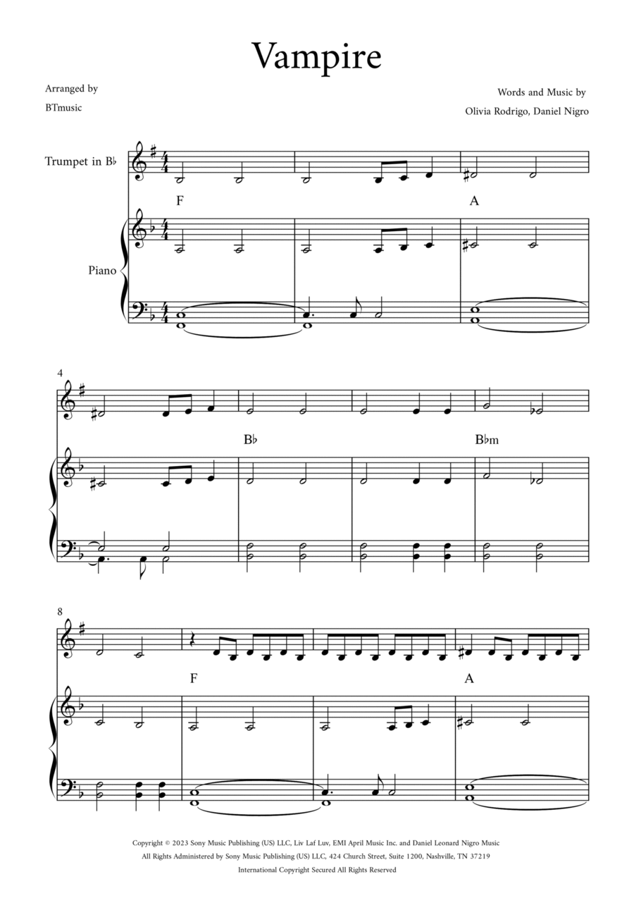 Olivia Rodrigo traitor - Bb Instrument Sheet Music (Trumpet