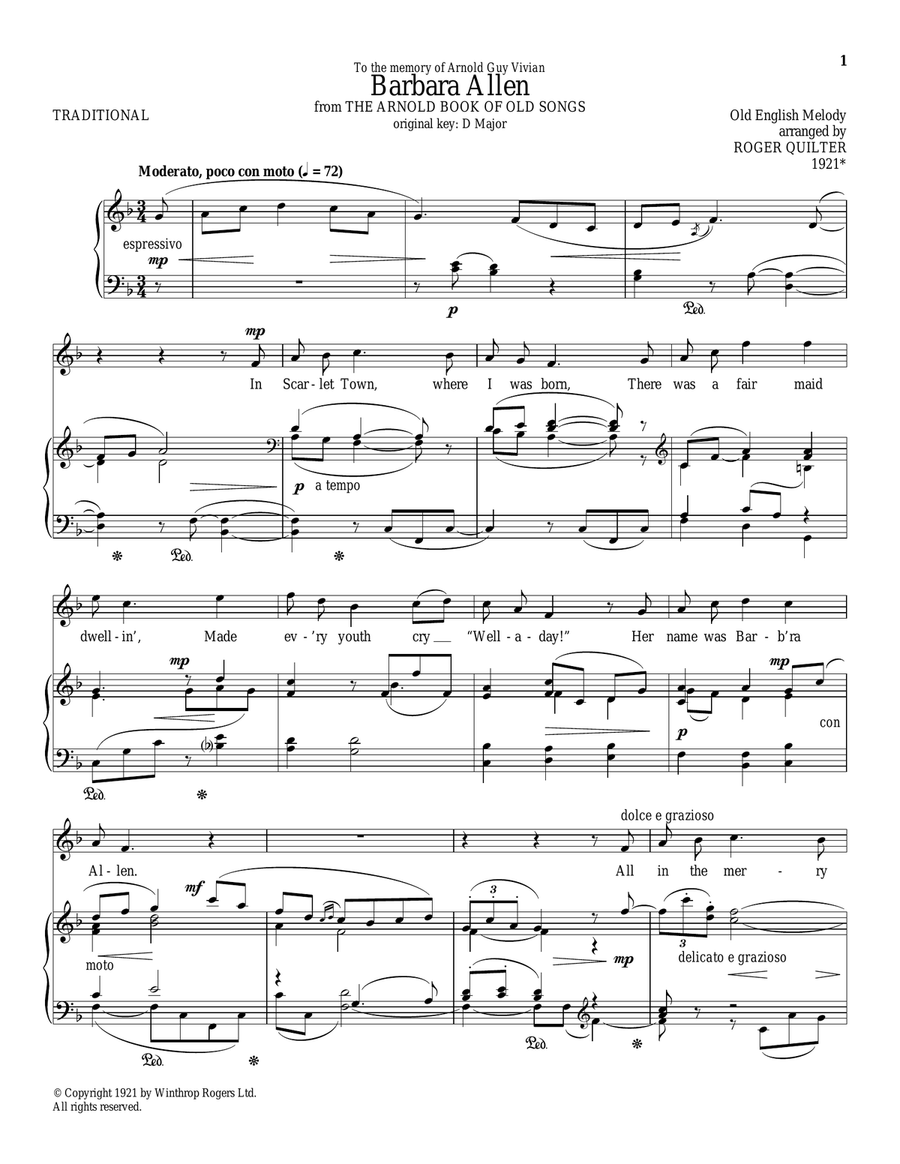 Barbara Allen by Roger Quilter - Voice, Piano, Vocal - Digital Sheet Music  | Sheet Music Plus, image size:900x1164