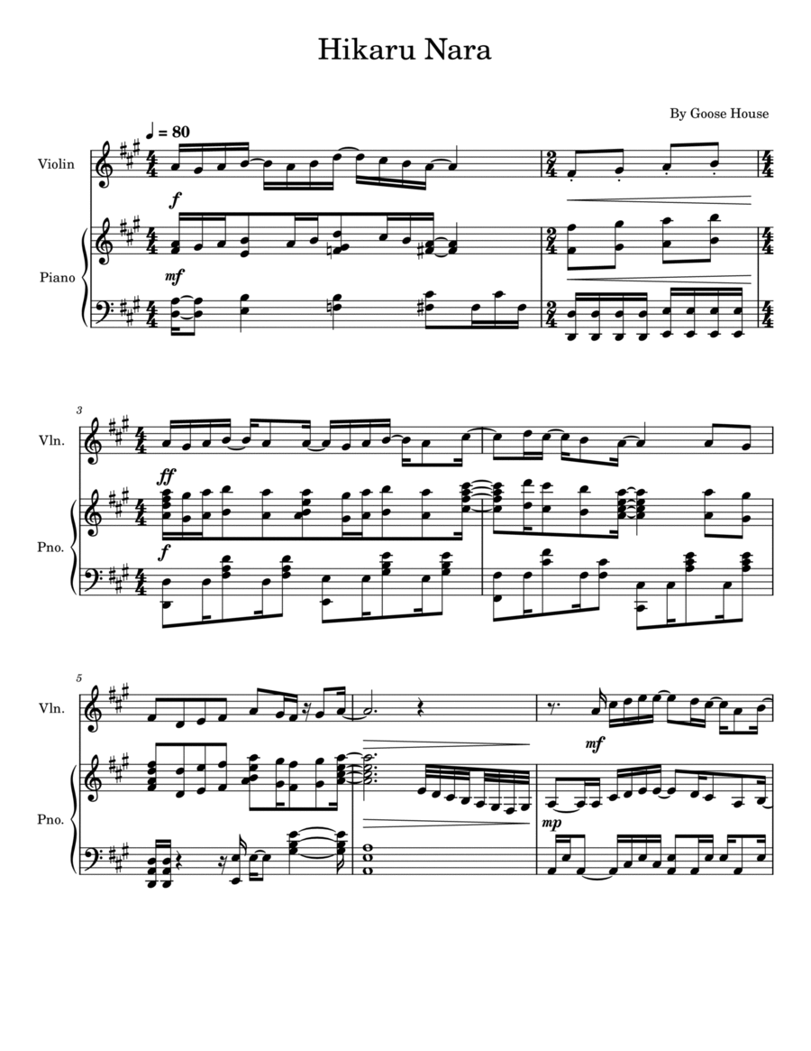 Hikaru Nara  光るなら - Goose house (Piano & Violin) Sheet music