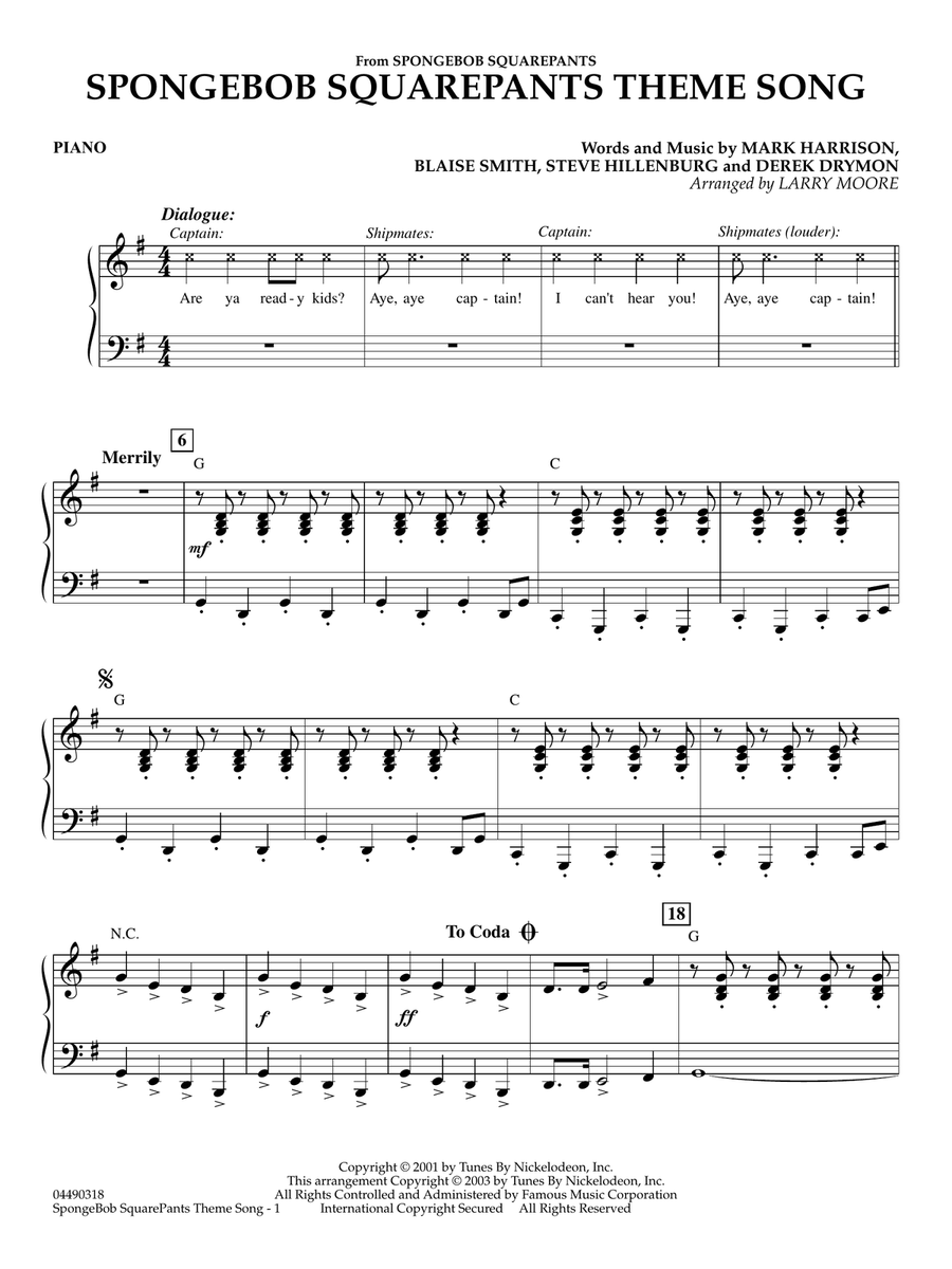 Spongebob Squarepants Theme arr Larry Moore Piano By Larry Moore Spongebob Squarepants Theme arr Larry Moore Piano By Larry Moore