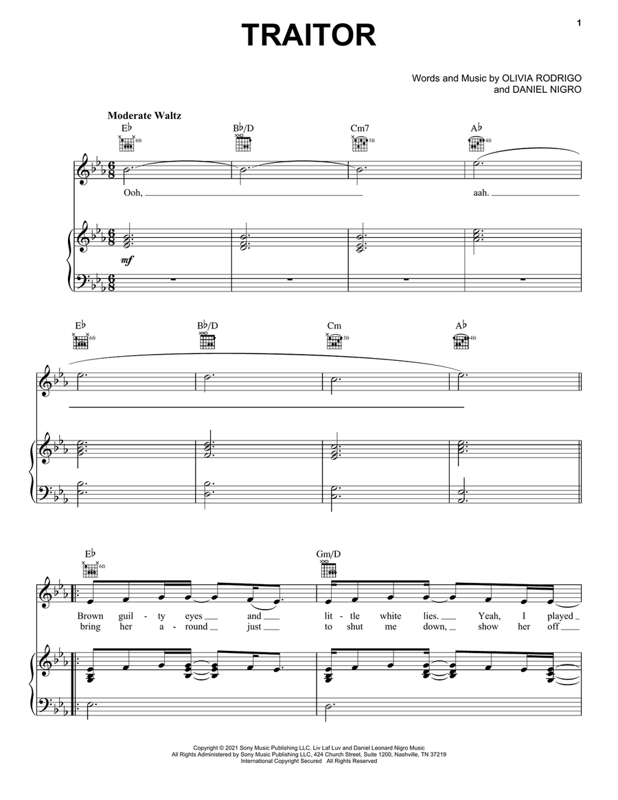 traitor by Olivia Rodrigo - Piano, Vocal, Guitar - Digital Sheet Music