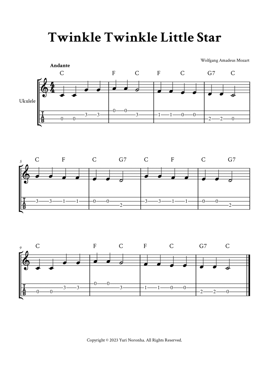 Twinkle Twinkle Little Star For Ukulele C Major with TAB and