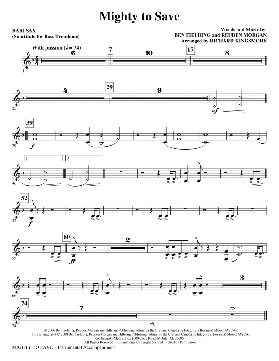 Mighty To Save Bari Sax (sub. Bass Trombone) by Reuben Choir