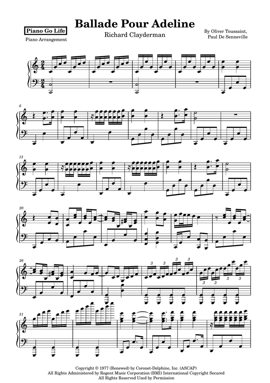 Ballade Pour Adeline by Richard Clayderman - Piano Solo