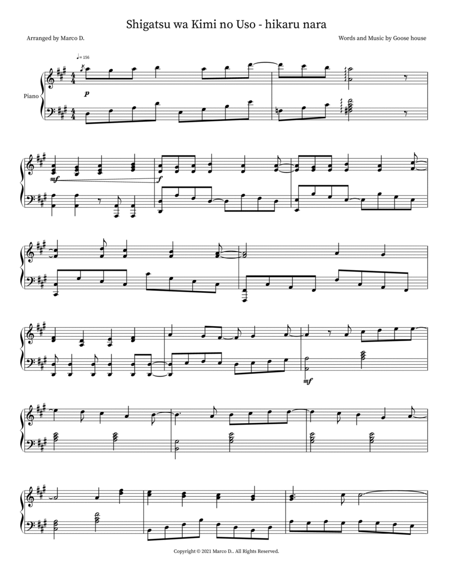 Shigatsu wa Kimi no Uso - hikaru nara - Piano - Digital Sheet Music