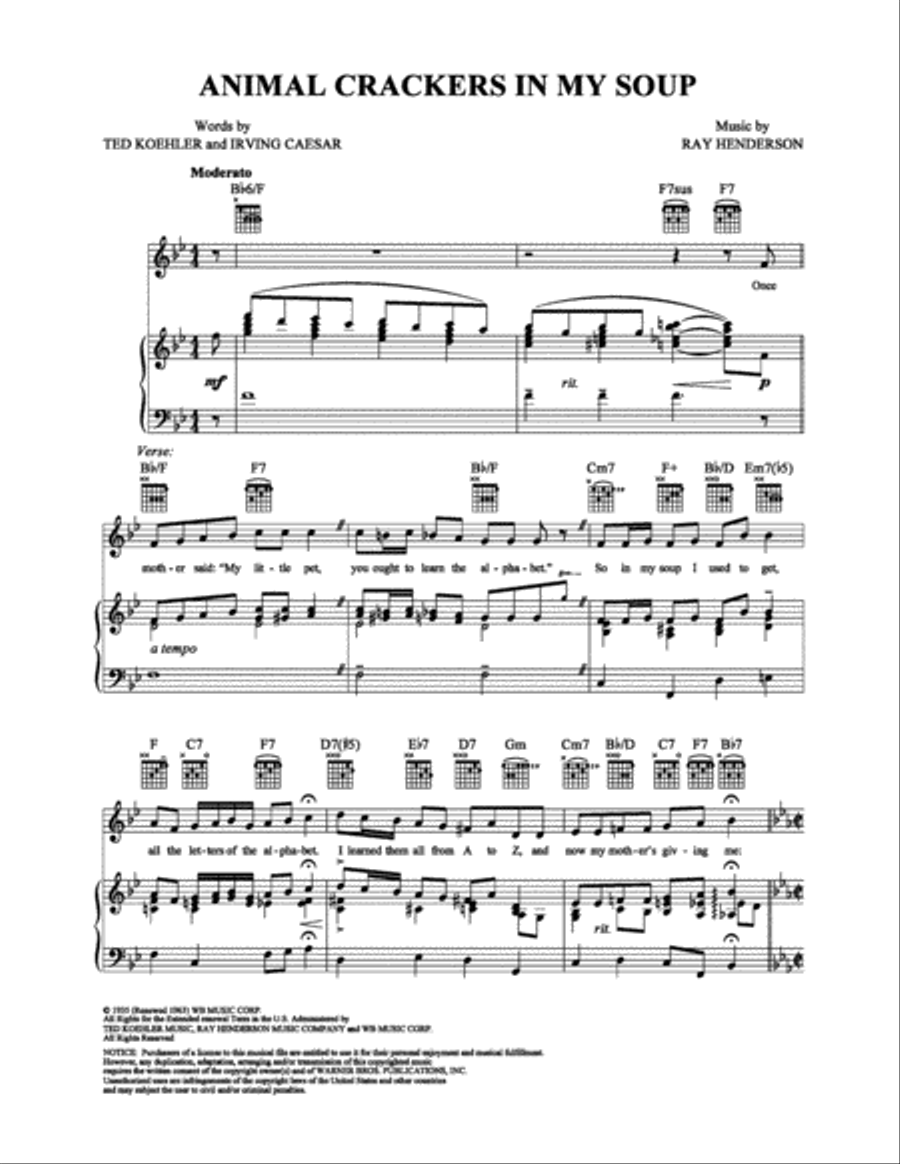 Lyrics To Animal Crackers In My Soup Animal Crackers in My Soup by Ray Henderson - Piano, Vocal, Guitar