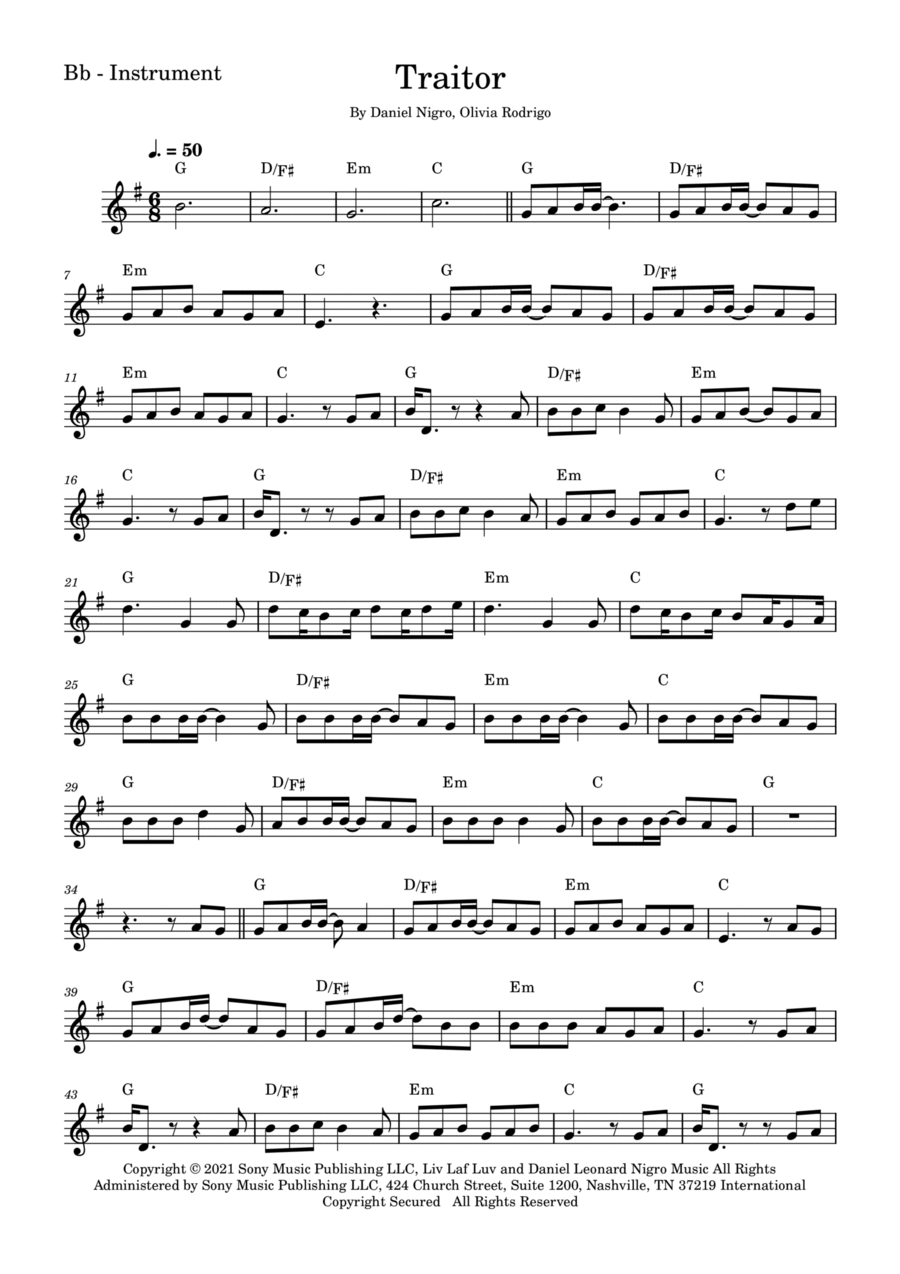 Traitor (arr. Bruna T.) Sheet Music, Olivia Rodrigo