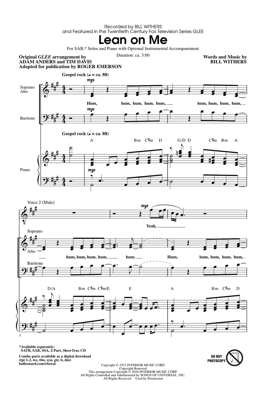 Lean On Me (ed. Roger Emerson) by Glee Cast 3Part Digital Sheet