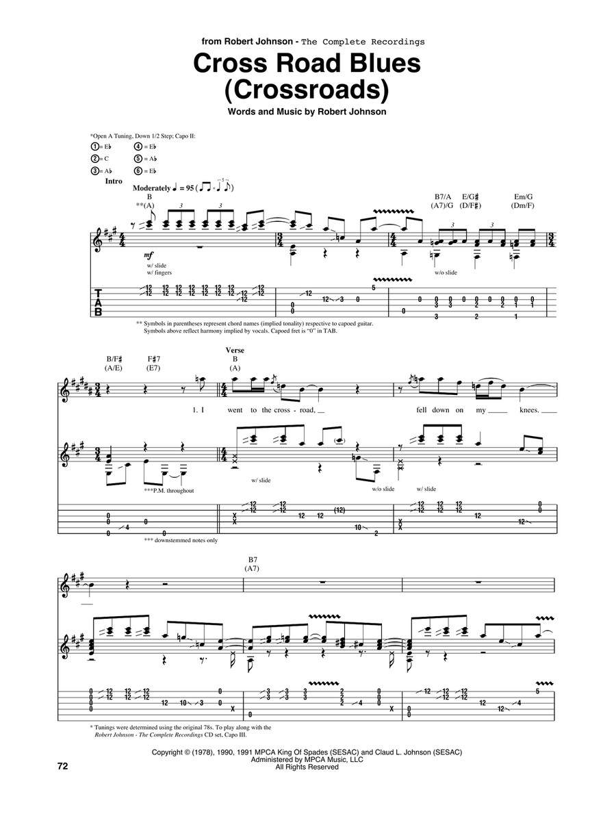 Cross Road Blues (Crossroads) sheet music (intermediate) for guitar solo  (lead sheet)