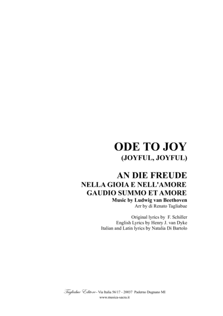 ODE TO JOY (JOYFULL, JOYFULL) - English, German, Italian and Latin Lyrics  by Ludwig van Beethoven - 4-Part - Digital Sheet Music