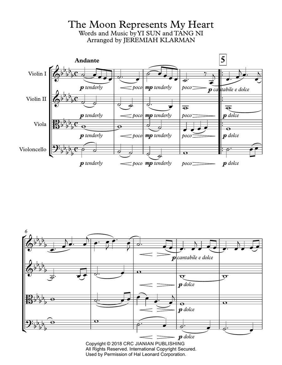 The Moon Represents My Heart by Kris Lennox - Cello, Viola, Violin