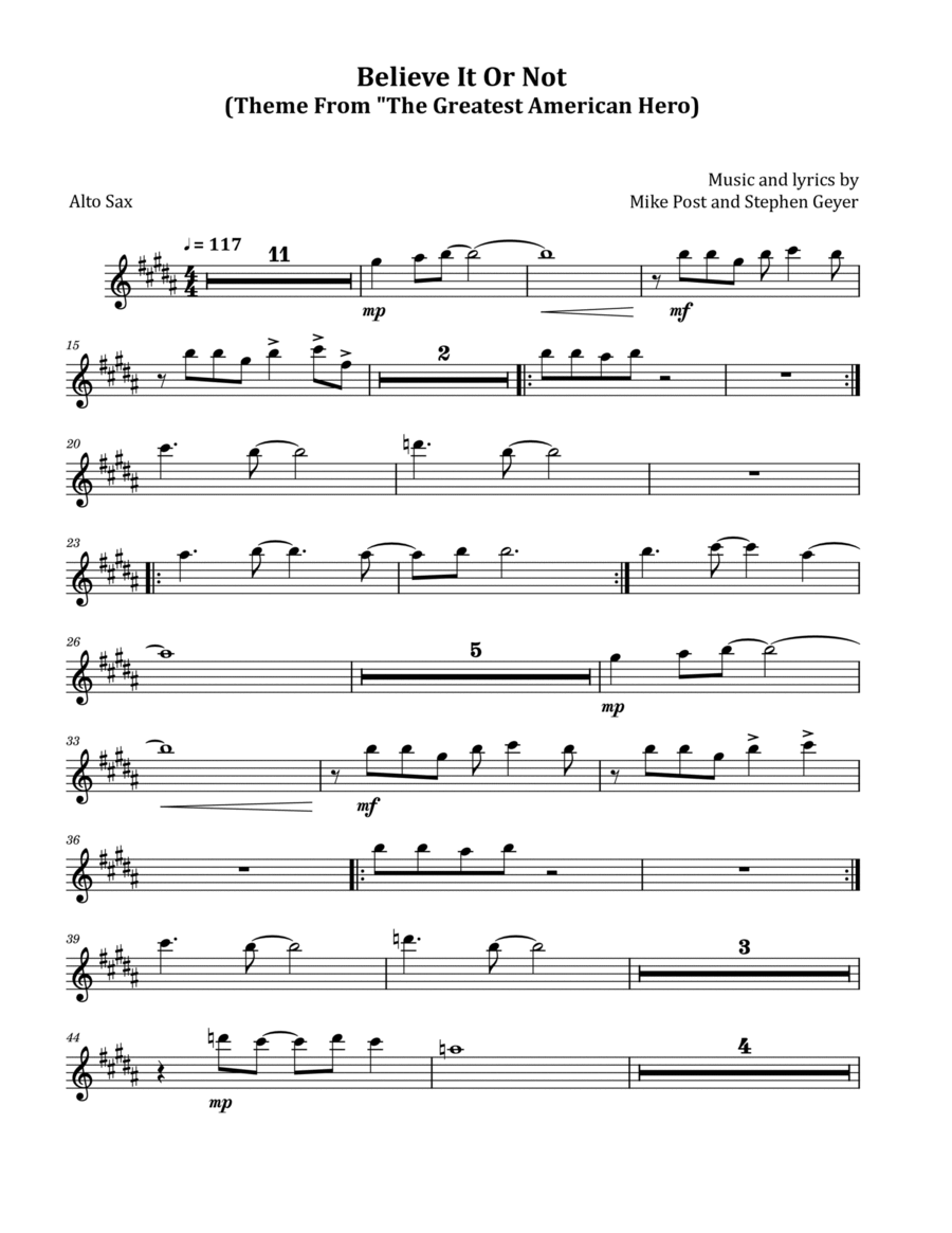 Believe It Or Not (Theme From "The Greatest American Hero") by Mike Post Alto Saxophone