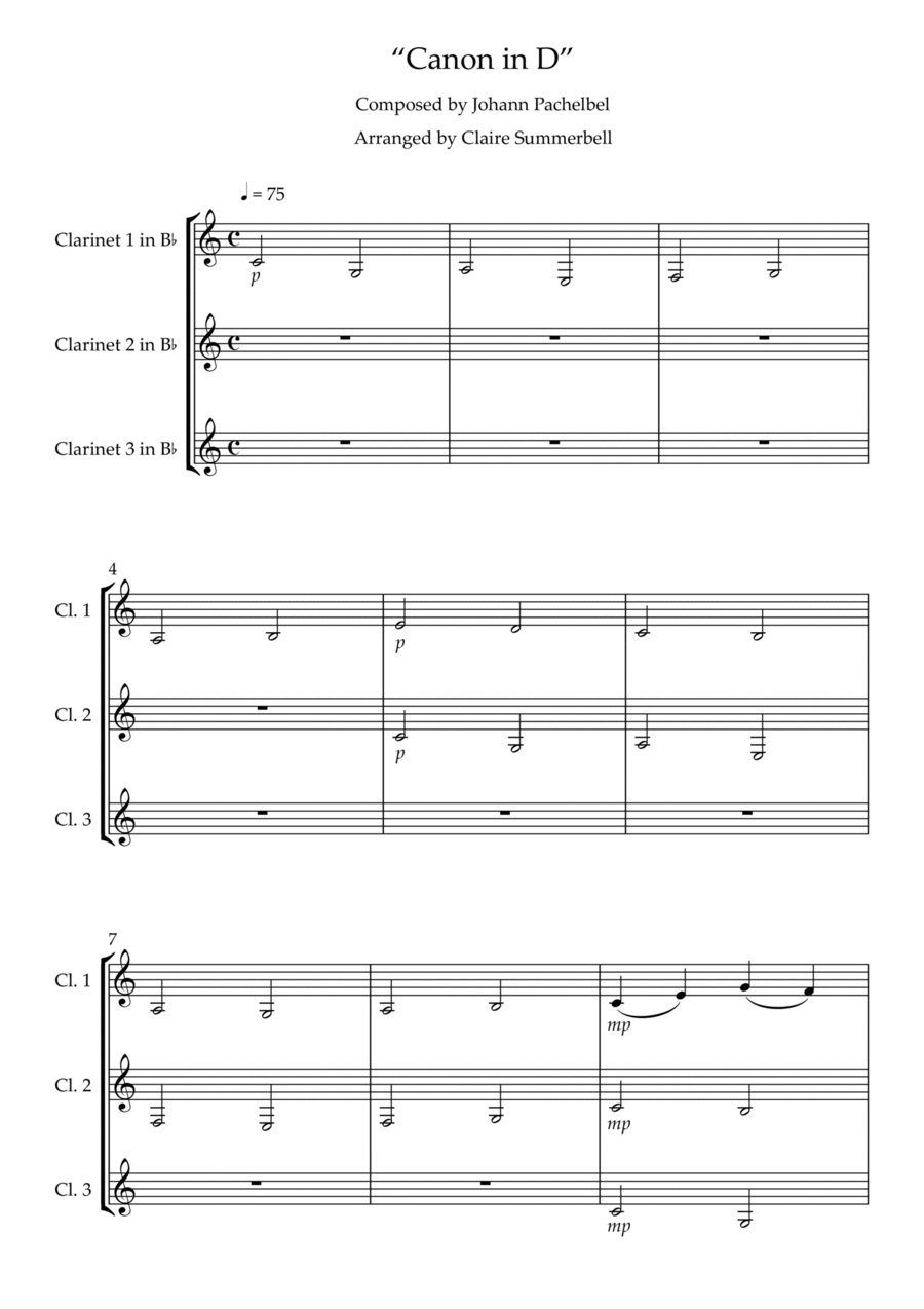 Canon in D Easy Clarinet Trio by Johann Pachelbel Clarinet