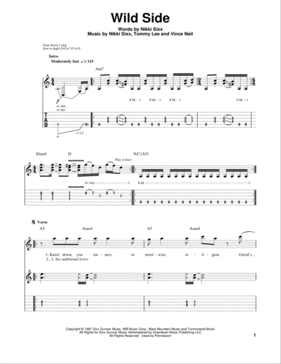 Motley Crue 'Live Wire' Sheet Music & Chords  Printable Guitar Tab (Single  Gu PDF Notes 